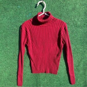 Women's Red Ribbed Turtleneck Sweater